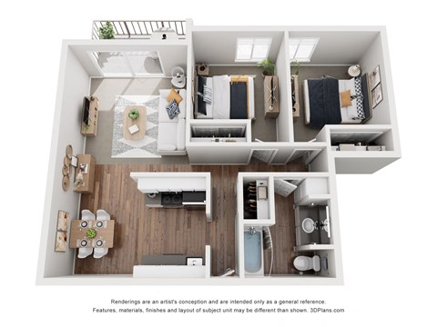 Floor plan for 2 beds, 1 bath, 875 sqft